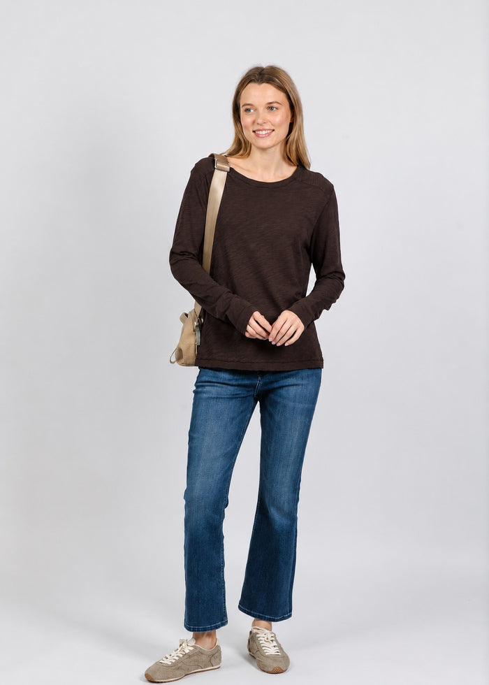 Elliott Lauren Lenny Long Sleeve Rib Trim Tee in Chocolate available at Barbara Katz