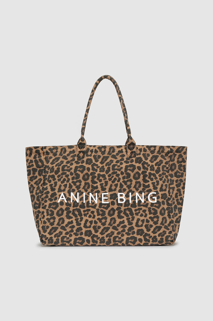 ANINE BING Leo Canvas Tote - Black And Brown Leopard - Front View