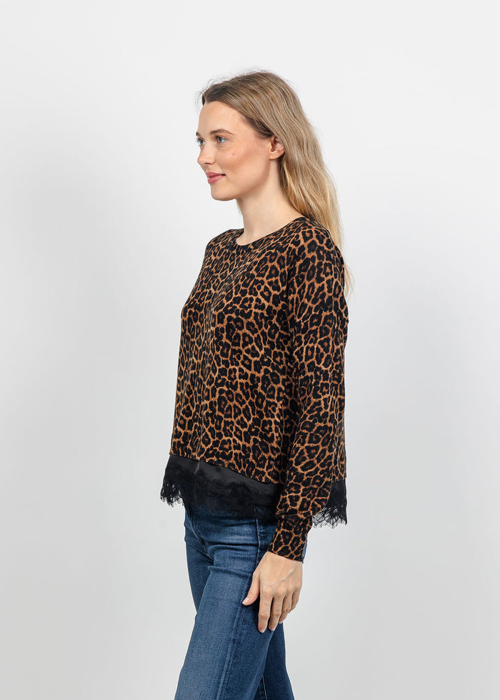 J Society Leopard Print Lace Trim Crew Top available at Barbara Katz
