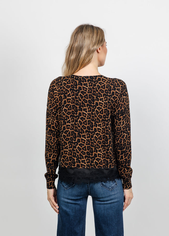 J Society Leopard Print Lace Trim Crew Top available at Barbara Katz