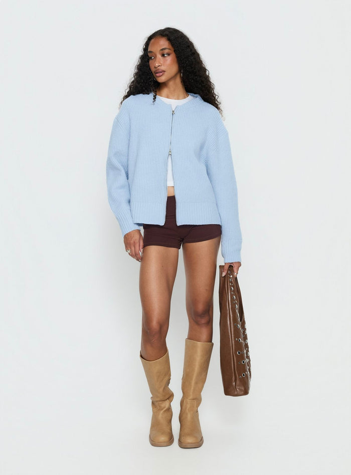 front view of model wearing Princess Polly Lexene Zip Through Jumper Baby Blue Longline Jumpers Jumpers