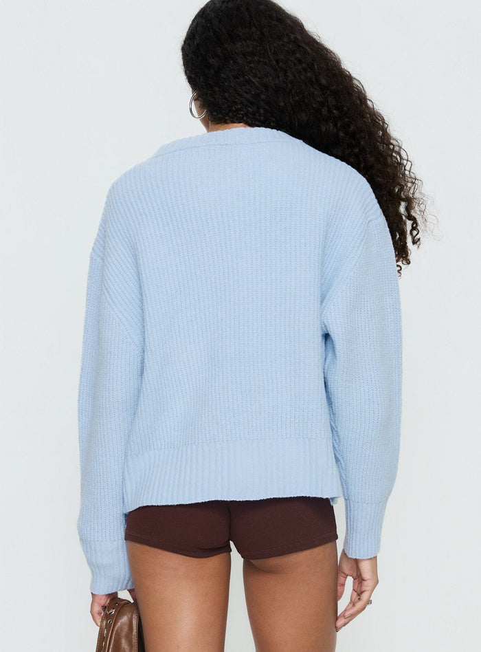 back view of model wearing Princess Polly Lexene Zip Through Jumper Baby Blue Longline Jumpers Jumpers
