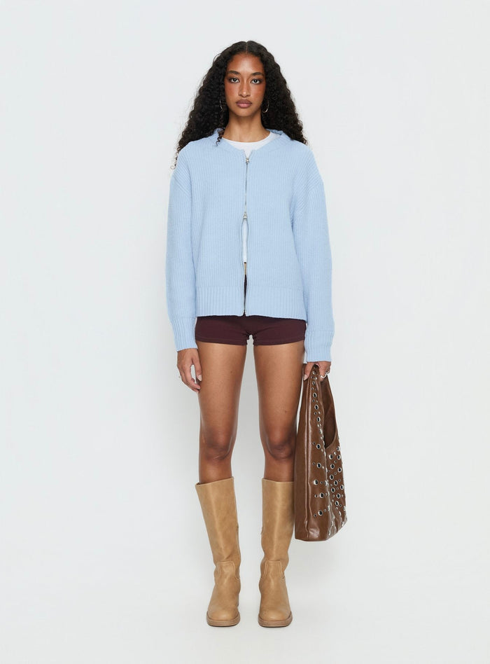 front view of model wearing Princess Polly Lexene Zip Through Jumper Baby Blue Longline Jumpers Jumpers