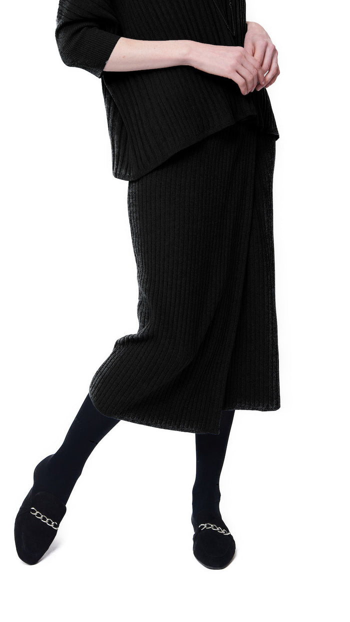 Lexi RIb-Knit Midi Wrap Skirt - Black - Barbara Katz