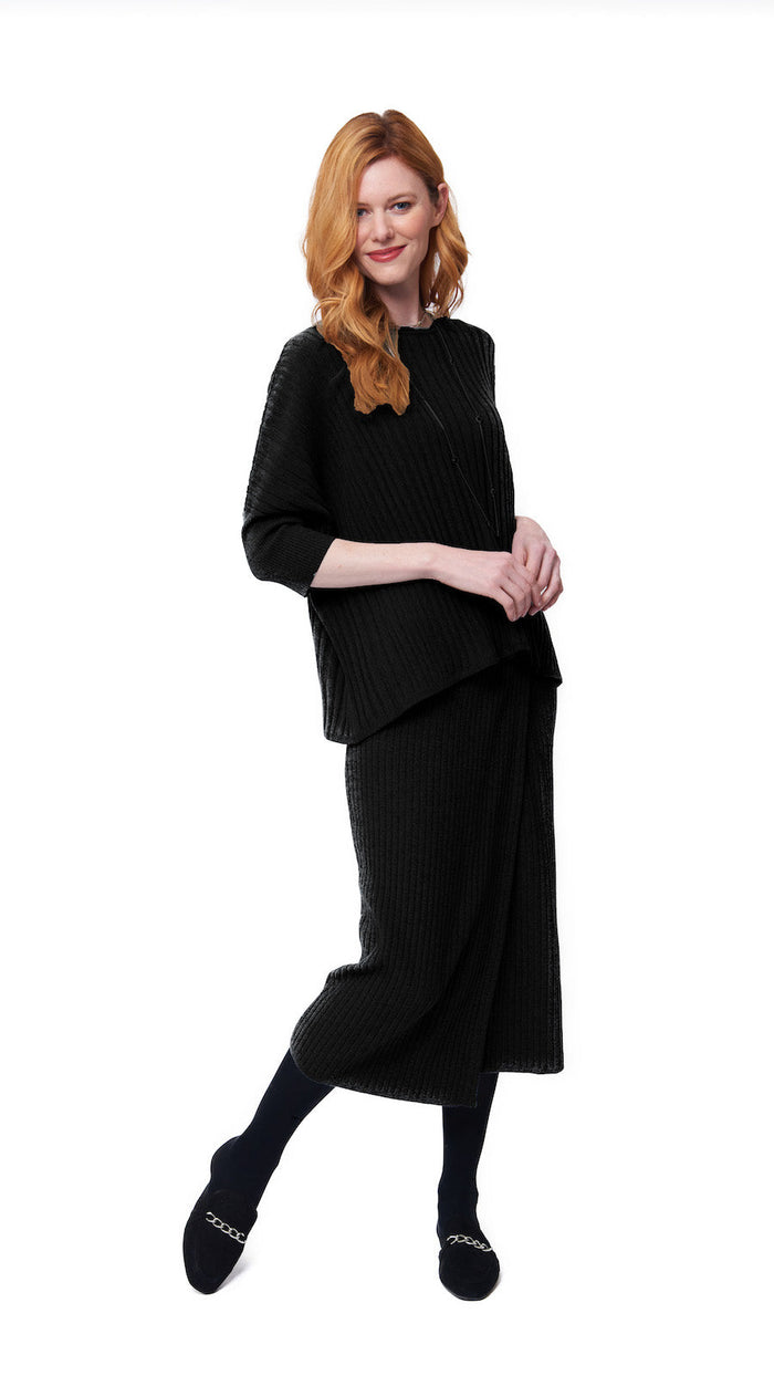 Lexi RIb-Knit Midi Wrap Skirt - Black - Barbara Katz