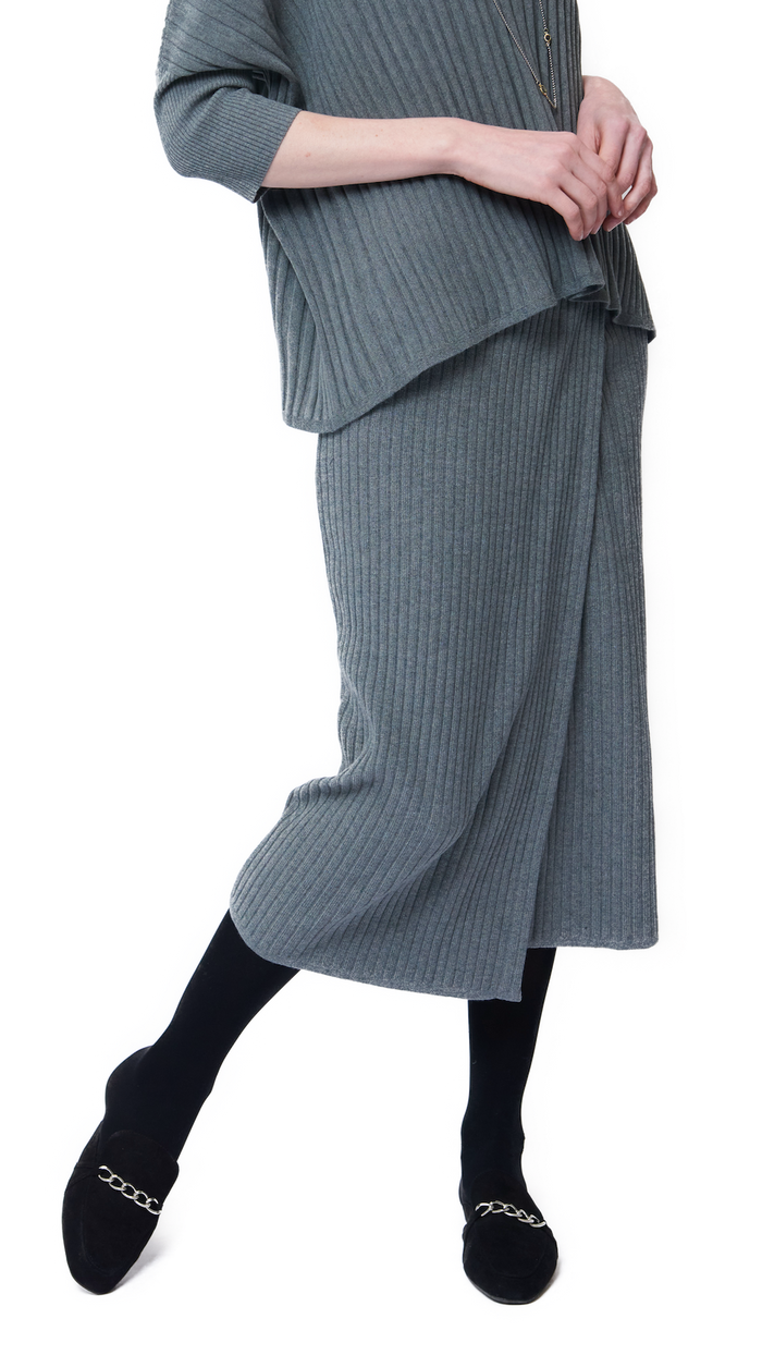 Lexi Rib-Knit Midi Wrap Skirt - Gray - Barbara Katz