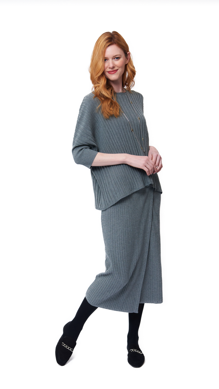 Lexi Rib-Knit Midi Wrap Skirt - Gray - Barbara Katz