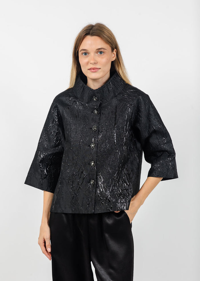 Terra Liquid Embossed Crinkle Jacket in Black available at Barbara Katz