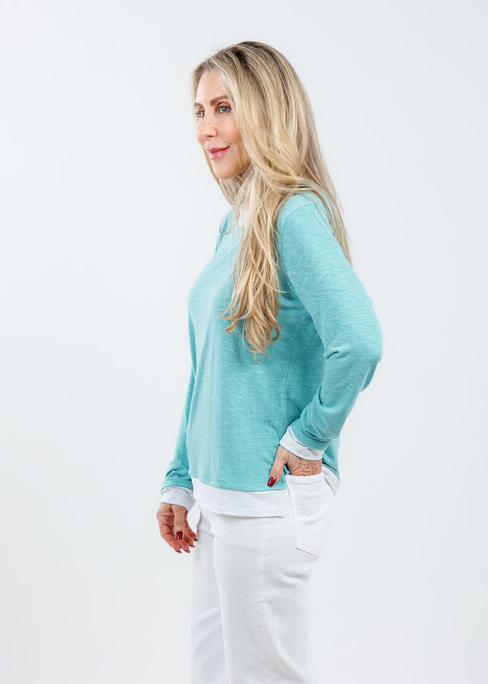 Nally & Millie Lucy Long Sleeve Layered Tee in Aqua available at Barbara Katz