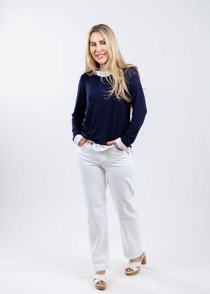 Nally & Millie Lucy Long Sleeve Layered Tee in Blue Night paired with Citizens of Humanity Palma Straight Jeans in Soft White available at Barbara Katz