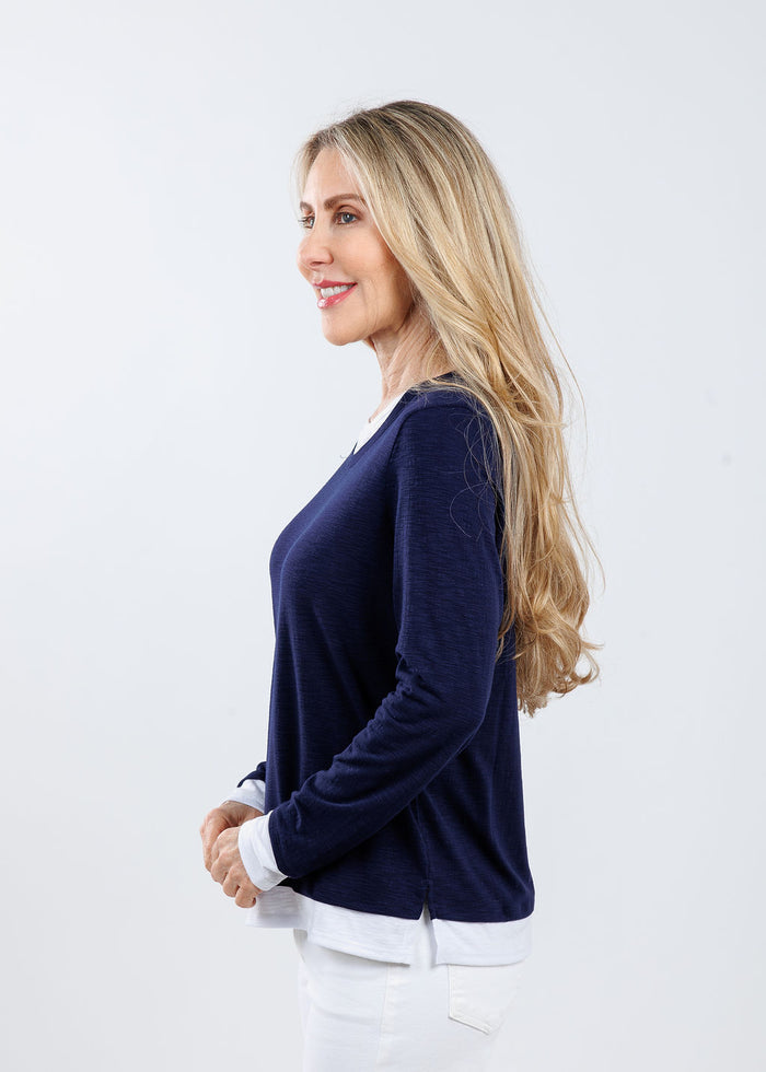 Nally & Millie Lucy Long Sleeve Layered Tee in Blue Night available at Barbara Katz