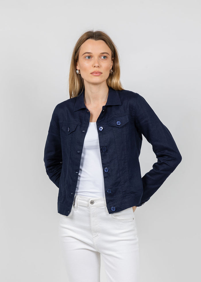 Pure Amici Lumila Linen Jacket in Navy available at Barbara Katz