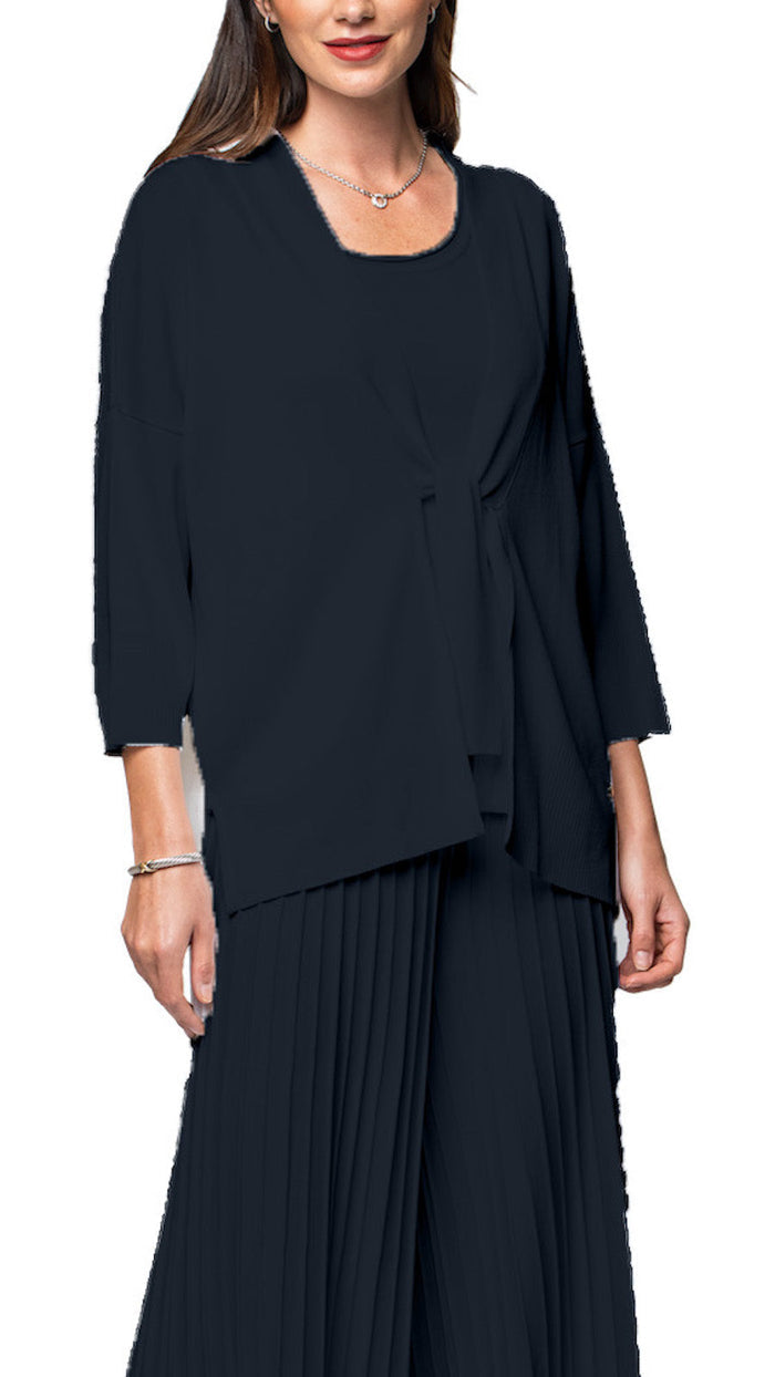 Malia Three-Quarter Sleeved Front-Tie Cardigan; Dark Navy - Barbara Katz