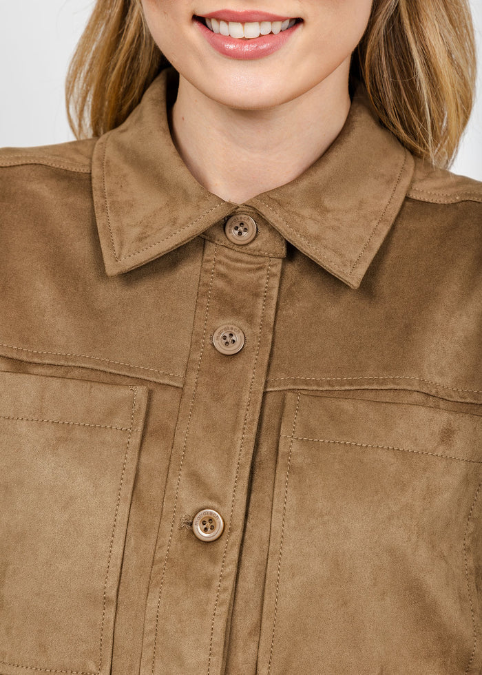 Marrakech Maple Faux Suede Camp Jacket - Elm available at Barbara Katz