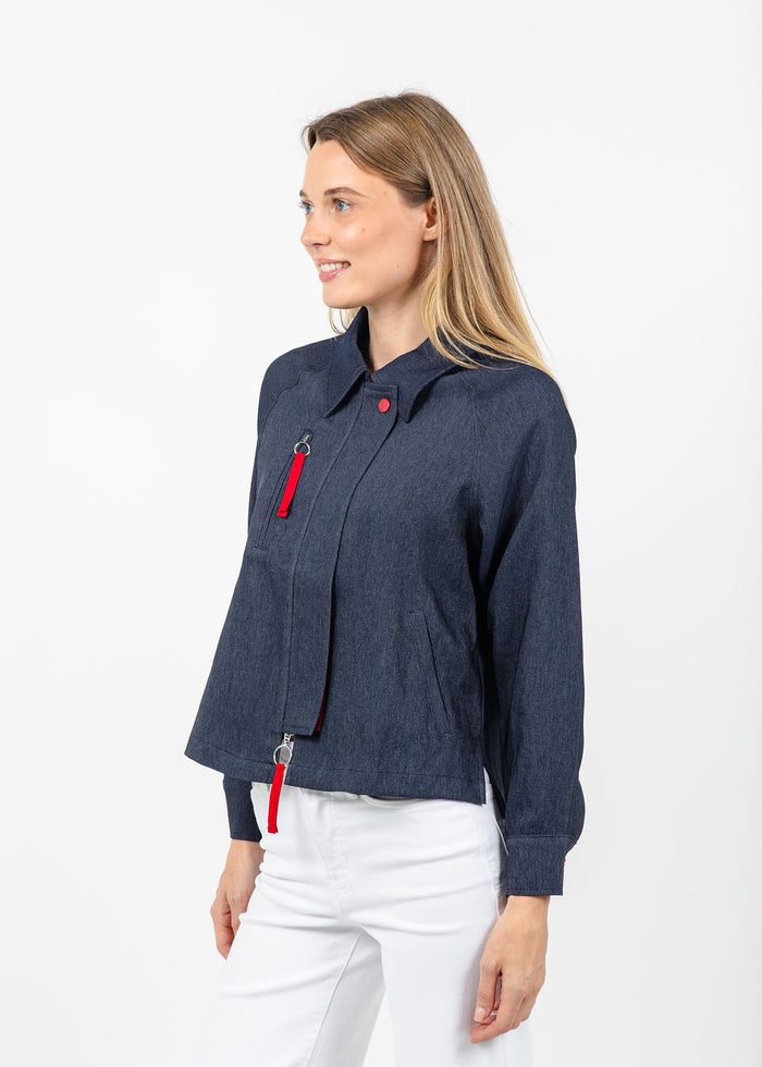 Terra Margot Contrast Zip Jacket in Denim available at Barbara Katz