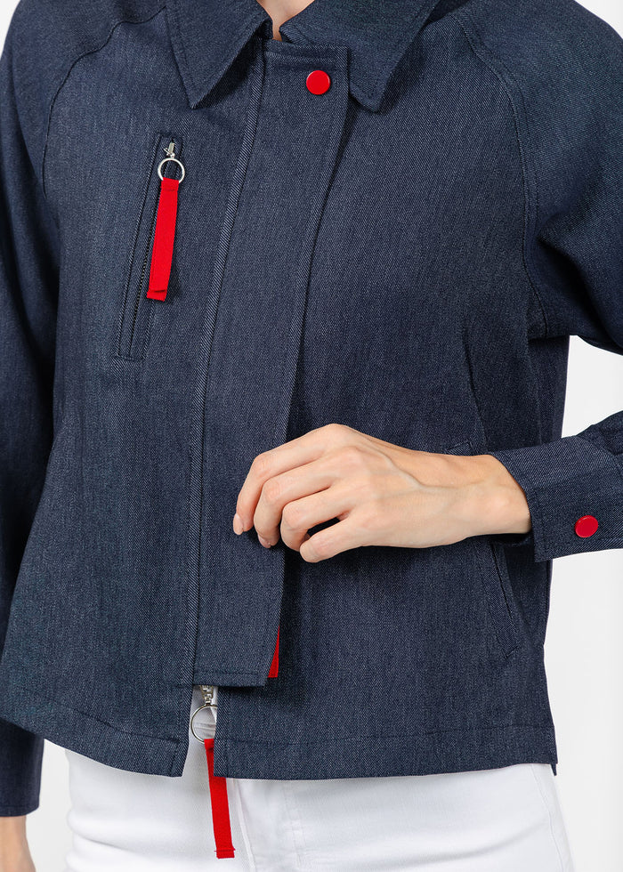Terra Margot Contrast Zip Jacket in Denim available at Barbara Katz