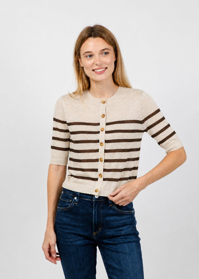 Central Park West Marlon Striped Sheer Cardigan in Oat/Chocolate available at Barbara Katz