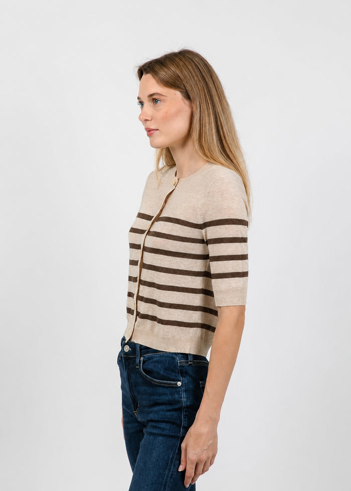 Central Park West Marlon Striped Sheer Cardigan in Oat/Chocolate available at Barbara Katz