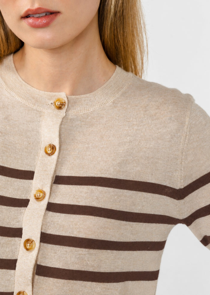 Central Park West Marlon Striped Sheer Cardigan in Oat/Chocolate available at Barbara Katz