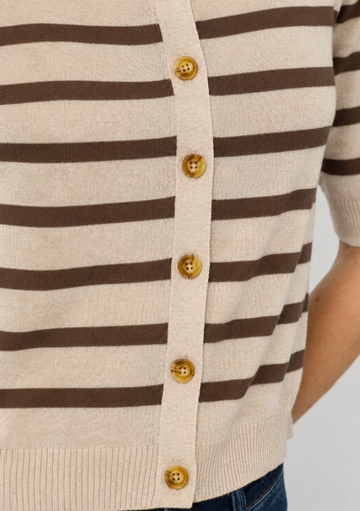 Central Park West Marlon Striped Sheer Cardigan in Oat/Chocolate available at Barbara Katz