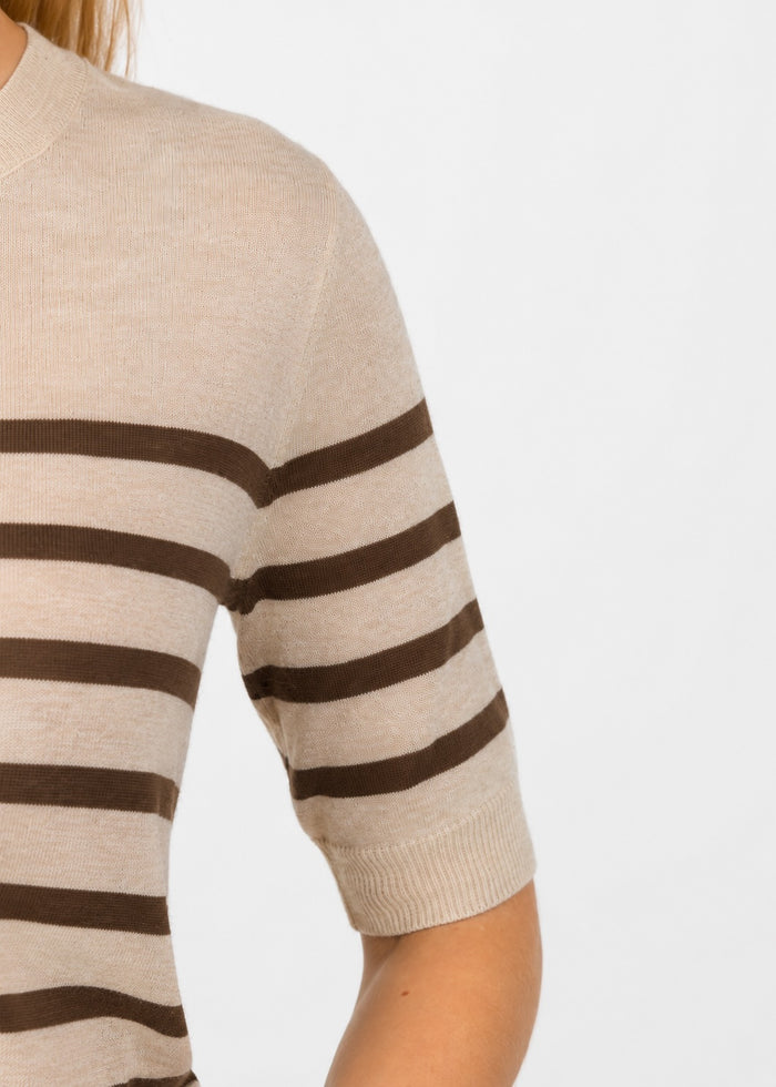 Central Park West Marlon Striped Sheer Cardigan in Oat/Chocolate available at Barbara Katz