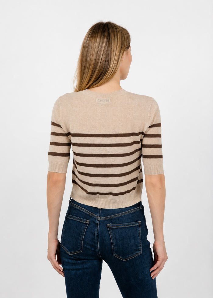 Central Park West Marlon Striped Sheer Cardigan in Oat/Chocolate available at Barbara Katz