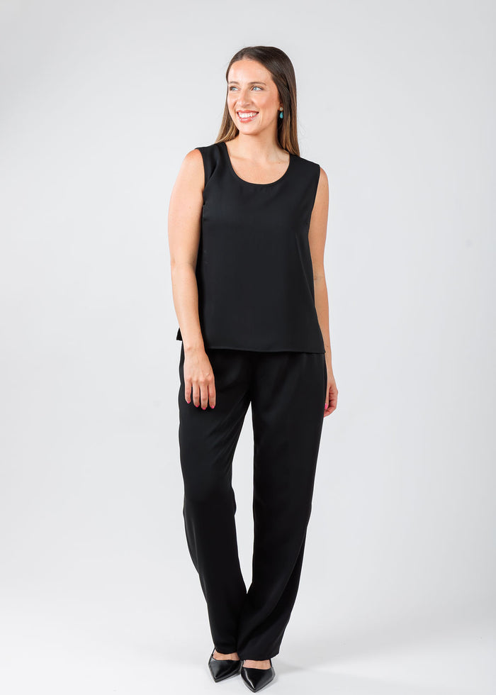 Caroline Rose Matte Crepe Suzette Basic Tank in Black paired with matching Caroline Rose Matte Crepe Pants available at Barbara Katz