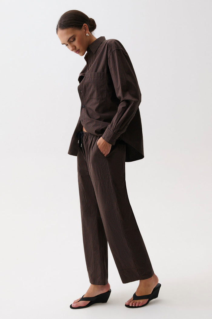 Pistola Mila Button Down Wrap Top and Theo Drawstring Poplin Pant in Hot Toddy available at Barbara Katz