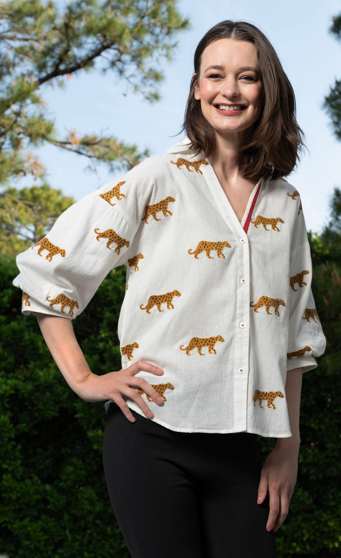 Dizzy-Lizzie Milano Top - Ivory Embroidered Cheetahs available at Barbara Katz
