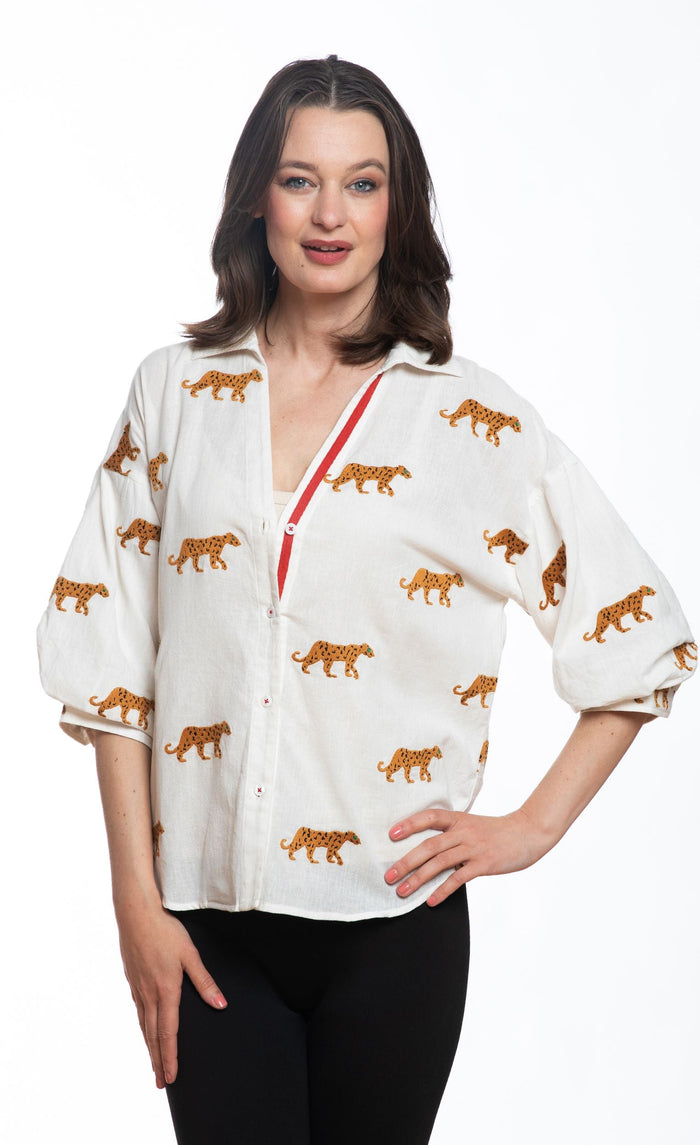 Dizzy-Lizzie Milano Top - Ivory Embroidered Cheetahs available at Barbara Katz
