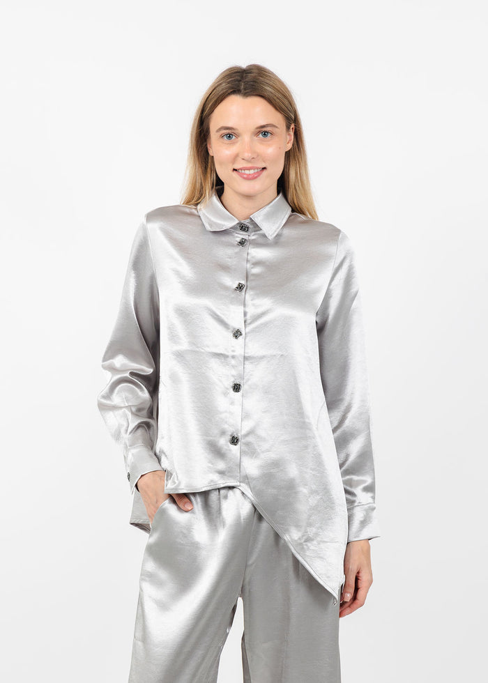 Terra Modern Asymmetric Blouse in Light Taupe available at Barbara Katz