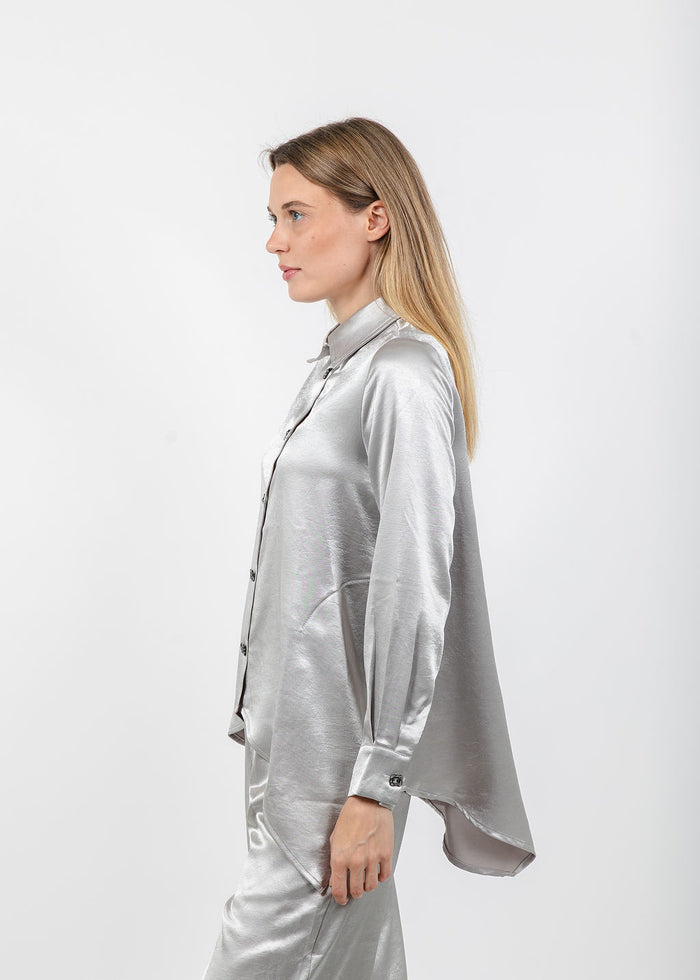 Terra Modern Asymmetric Blouse in Light Taupe available at Barbara Katz