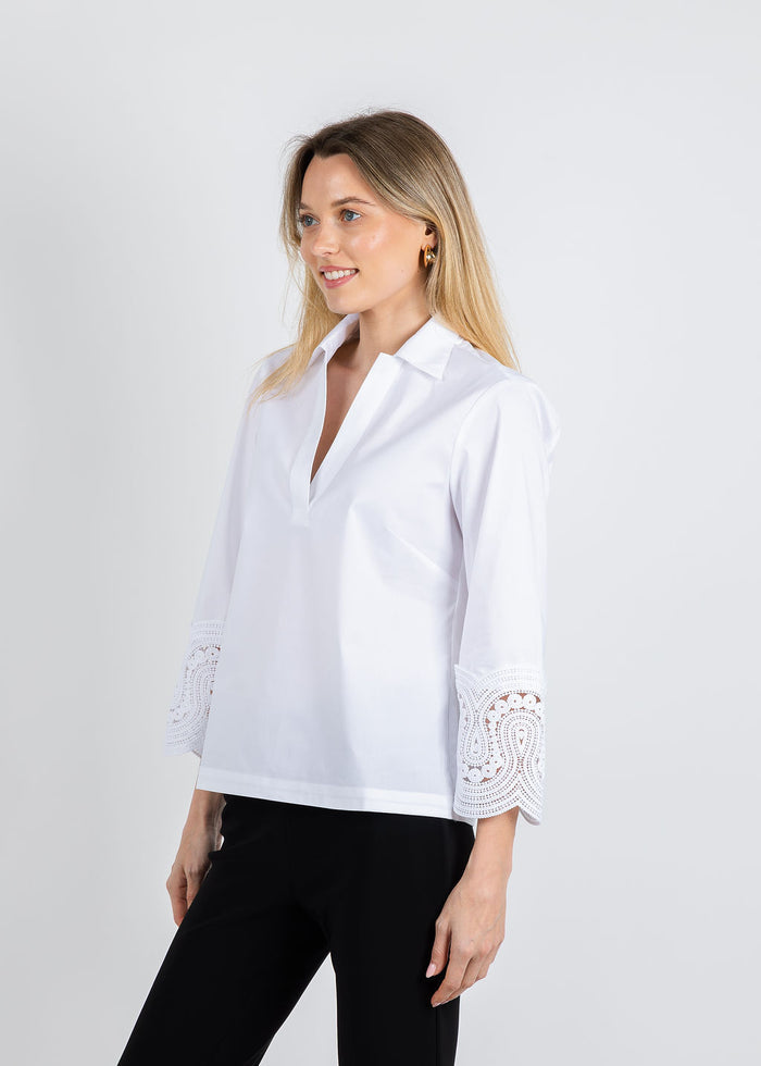 Hinson Wu Mona Bracelet Sleeve Lace Top in White available at Barbara Katz