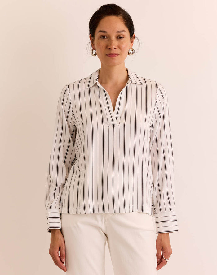 Hinson Wu Mona Pop-Over Top in White/Black Stripe available at Barbara Katz