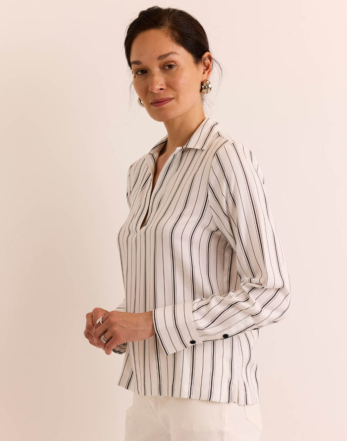 Hinson Wu Mona Pop-Over Top in White/Black Stripe available at Barbara Katz