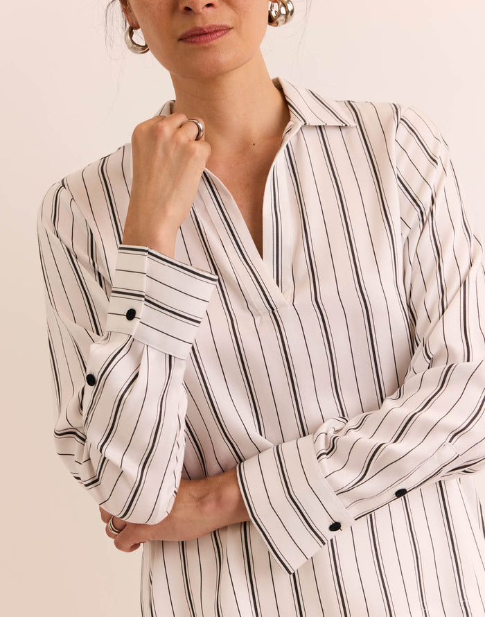 Hinson Wu Mona Pop-Over Top in White/Black Stripe available at Barbara Katz