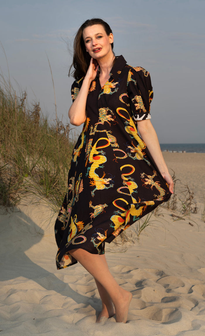 Dizzy-Lizzie Montauk Dress in Black Dragon Print available at Barbara Kat