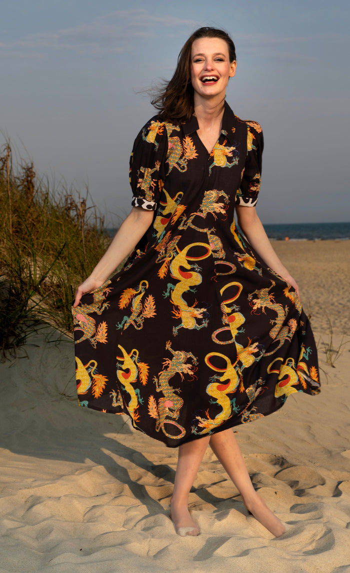 Dizzy-Lizzie Montauk Dress in Black Dragon Print available at Barbara Kat