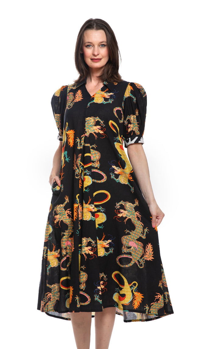 Dizzy-Lizzie Montauk Dress in Black Dragon Print available at Barbara Kat