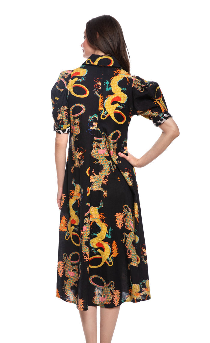 Dizzy-Lizzie Montauk Dress in Black Dragon Print available at Barbara Kat