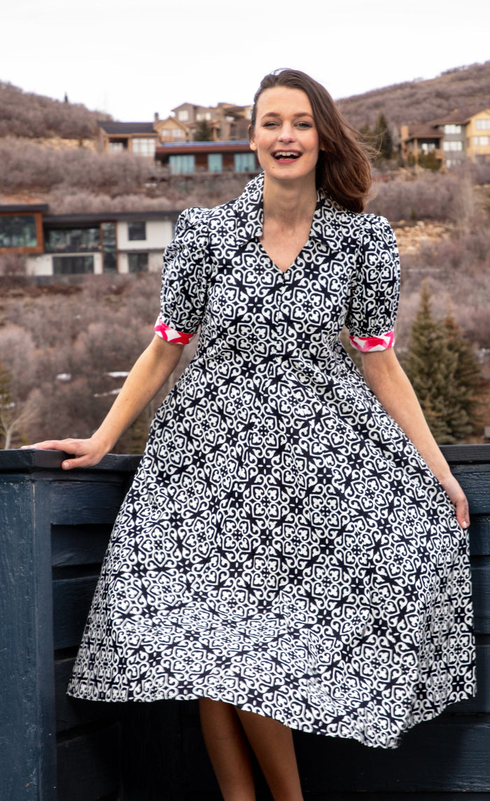 Dizzy-Lizzie Montauk Dress - Black White Geometric available at Barbara Katz