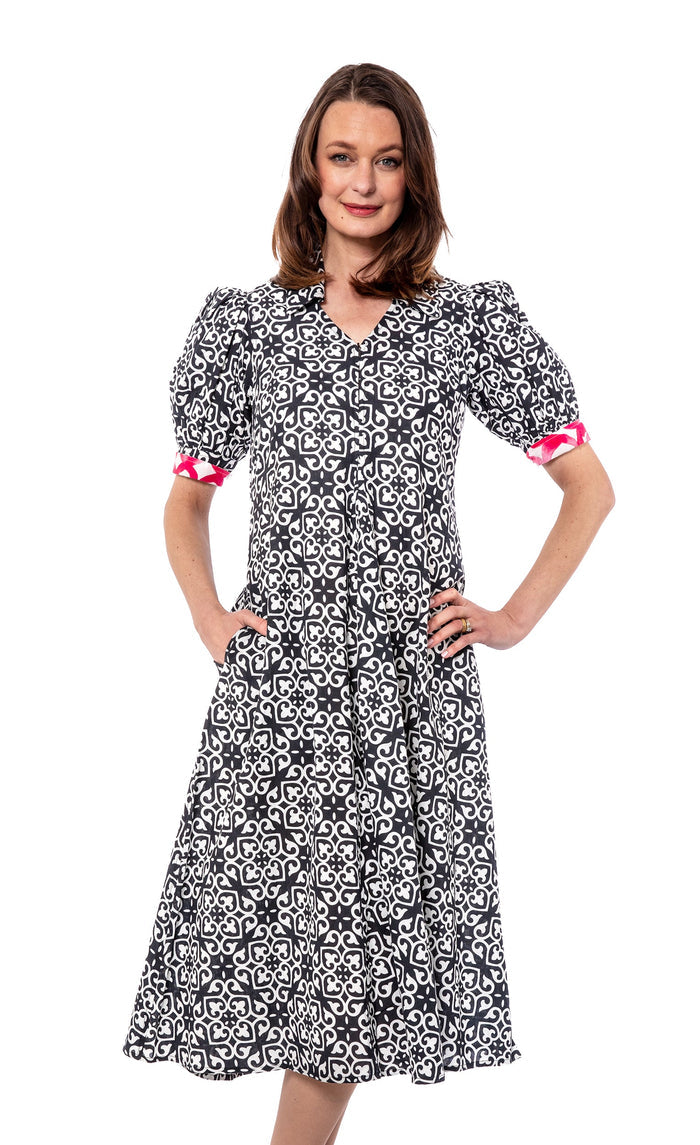 Dizzy-Lizzie Montauk Dress - Black White Geometric available at Barbara Katz