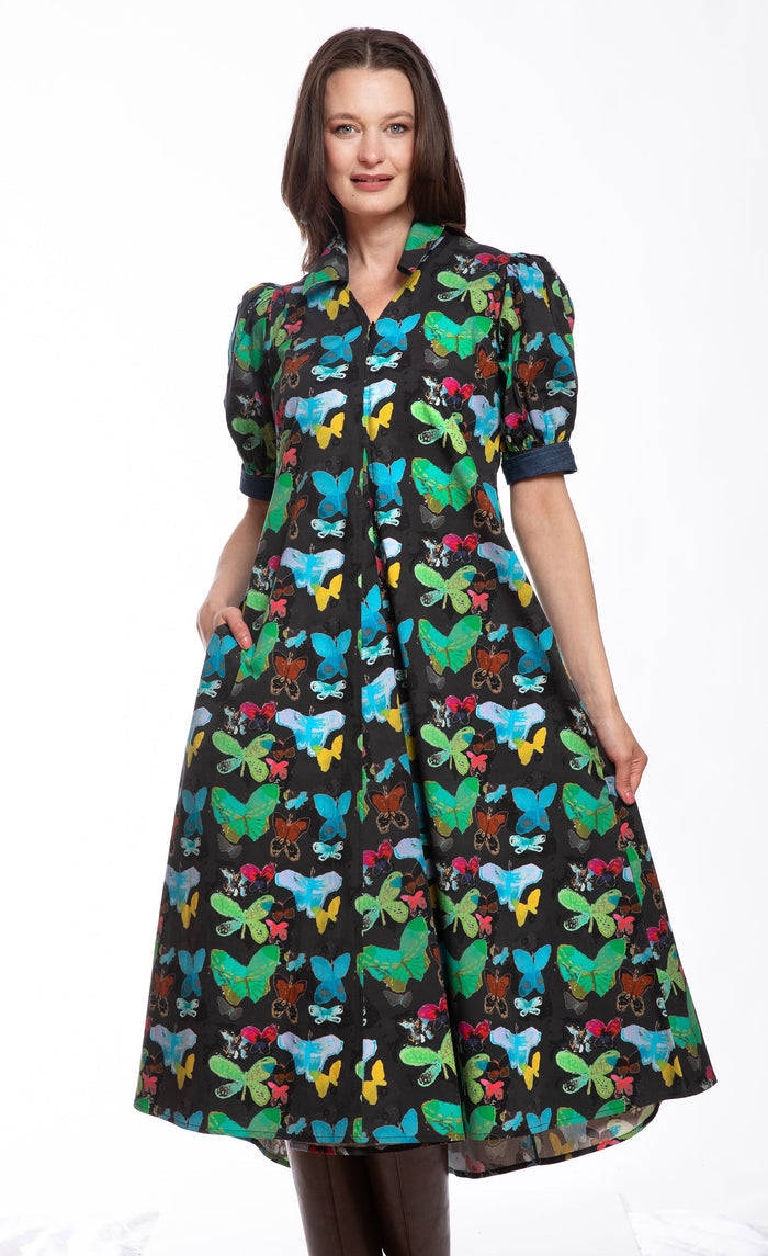Dizzy-Lizzie Montauk Dress - Black with Butterfly Print available at Barbara Katz