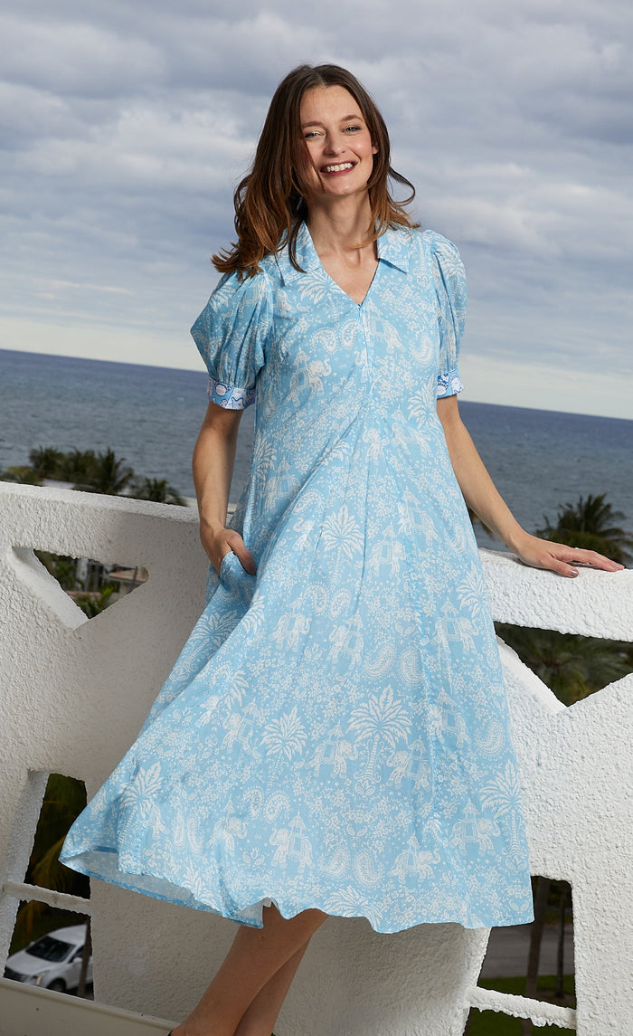 Dizzy-Lizzie Montauk Dress - Light Blue Elephants And Palm Trees available at Barbara Katz