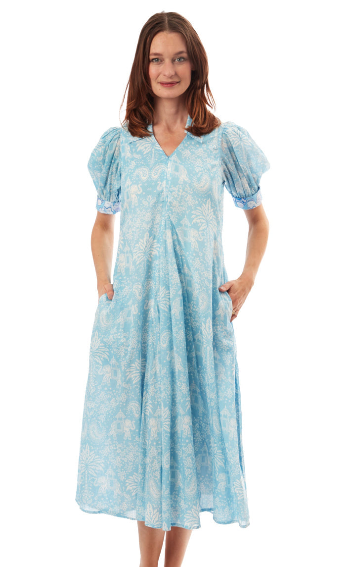 Dizzy-Lizzie Montauk Dress - Light Blue Elephants And Palm Trees available at Barbara Katz