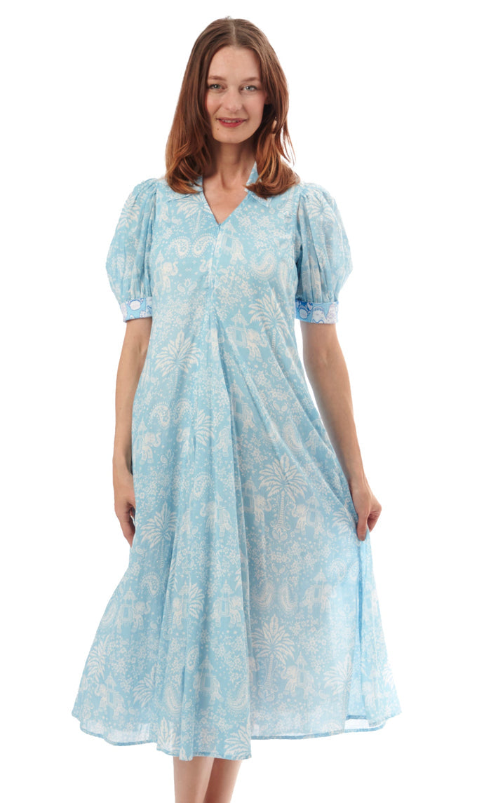 Dizzy-Lizzie Montauk Dress - Light Blue Elephants And Palm Trees available at Barbara Katz