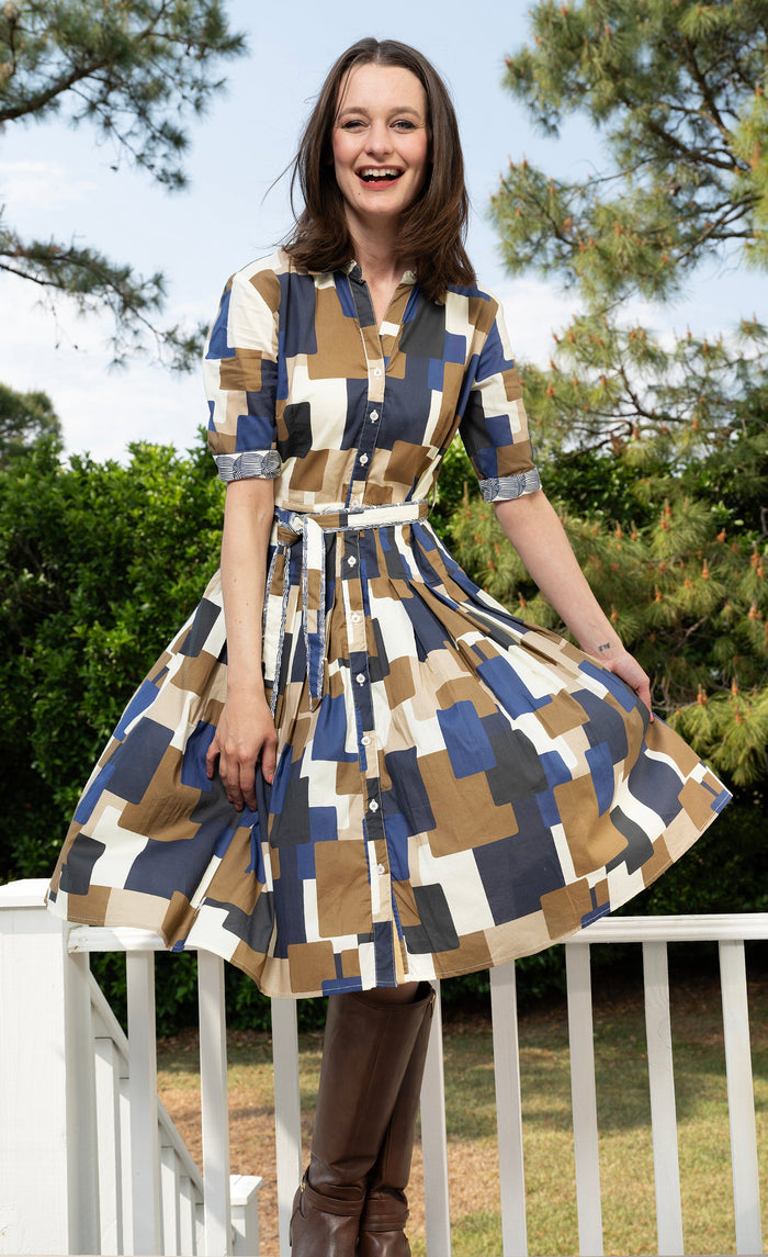 Dizzy-Lizzie Mrs Maisel Dress - Chocolate Blue Squares Print available at Barbara Katz