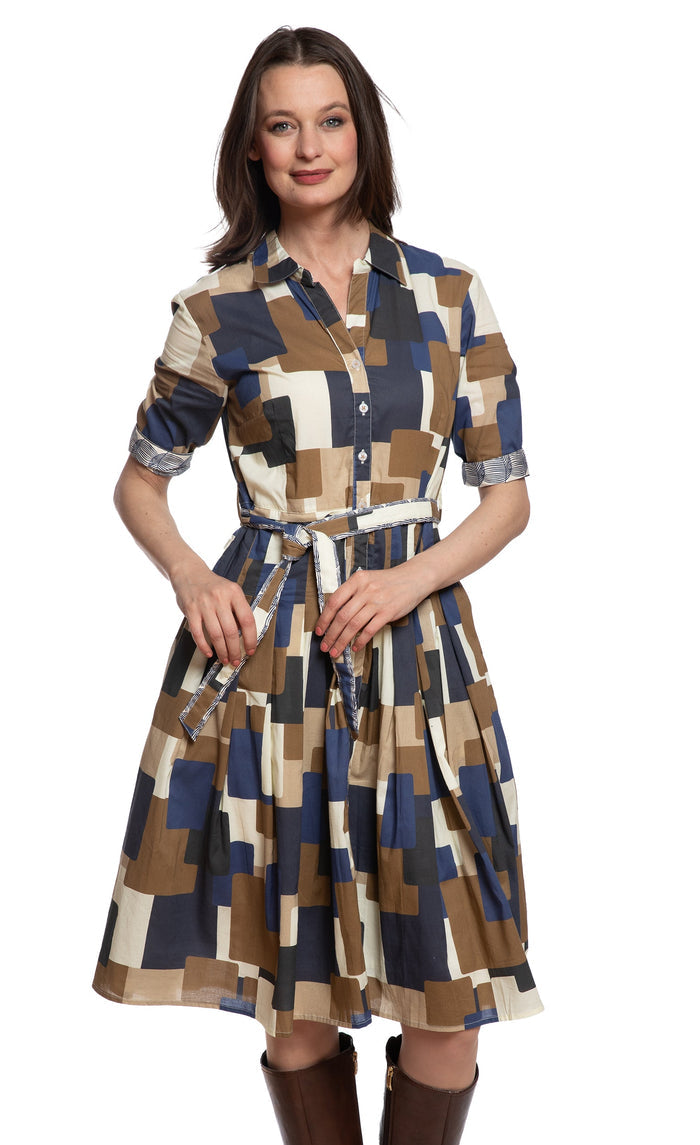 Dizzy-Lizzie Mrs Maisel Dress - Chocolate Blue Squares Print available at Barbara Katz