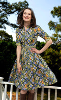 Dizzy-Lizzie Mrs Maisel Dress - Green Rust Navy Ornate Print available at Barbara Katz