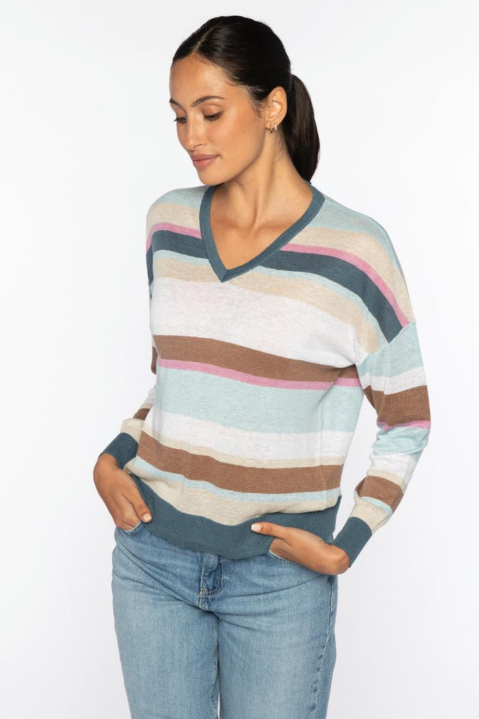 Kinross Multicolor Stripe Vee Sweater available at Barbara Katz